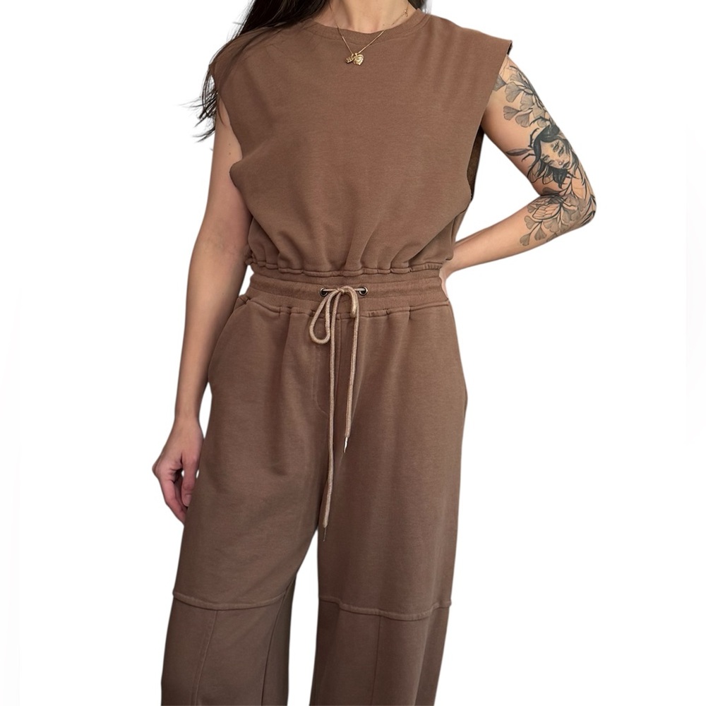 Mocha Brown Open Back Lounge Jumpsuit Sleeveless Drawstring Jogger Wide Leg Sm - Picture 4 of 10